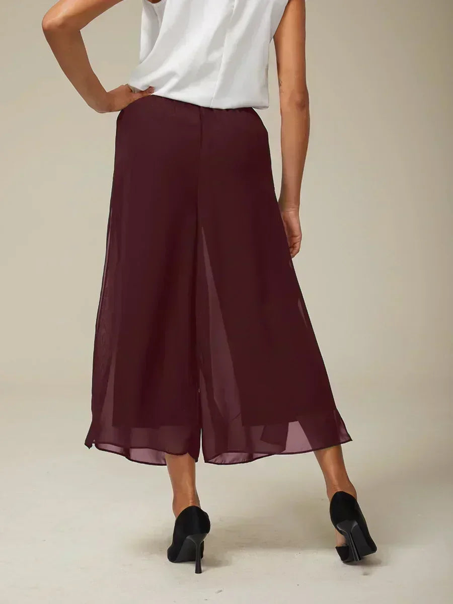 Cropped Length Straight Leg Pant With Chiffon Split Leg Overlay