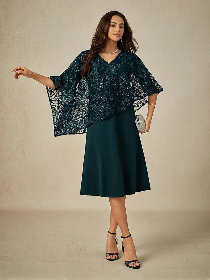 Sequin Knee Length V Neck Overlay Dress