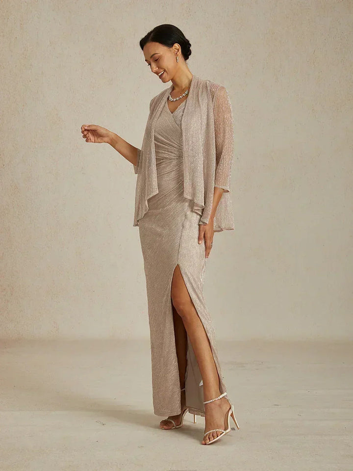 Metallic Pleated Chiffon Long Jacket with Layered Design