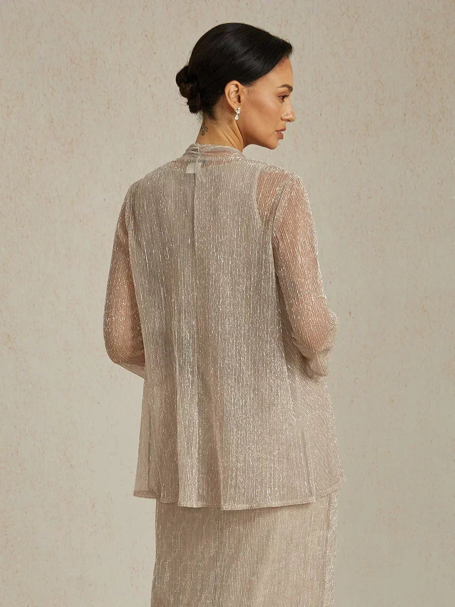 Metallic Pleated Chiffon Long Jacket with Layered Design