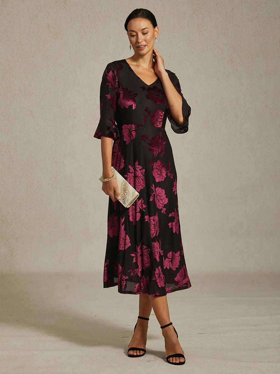 Floral A-Line Dress with Flutter Sleeves