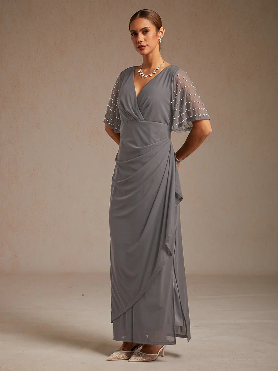 Elegant Formal Dress with Embellished Flutter Sleeves