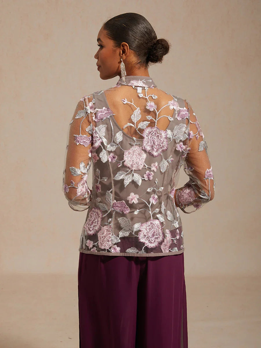 Floral Embroidered Mandarin Collar Twinset