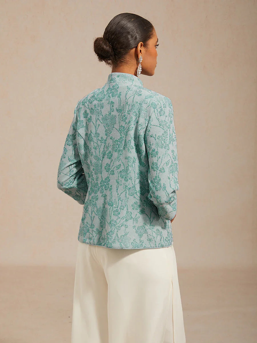 Floral Knit Jacquard Mandarin Collar Twinset