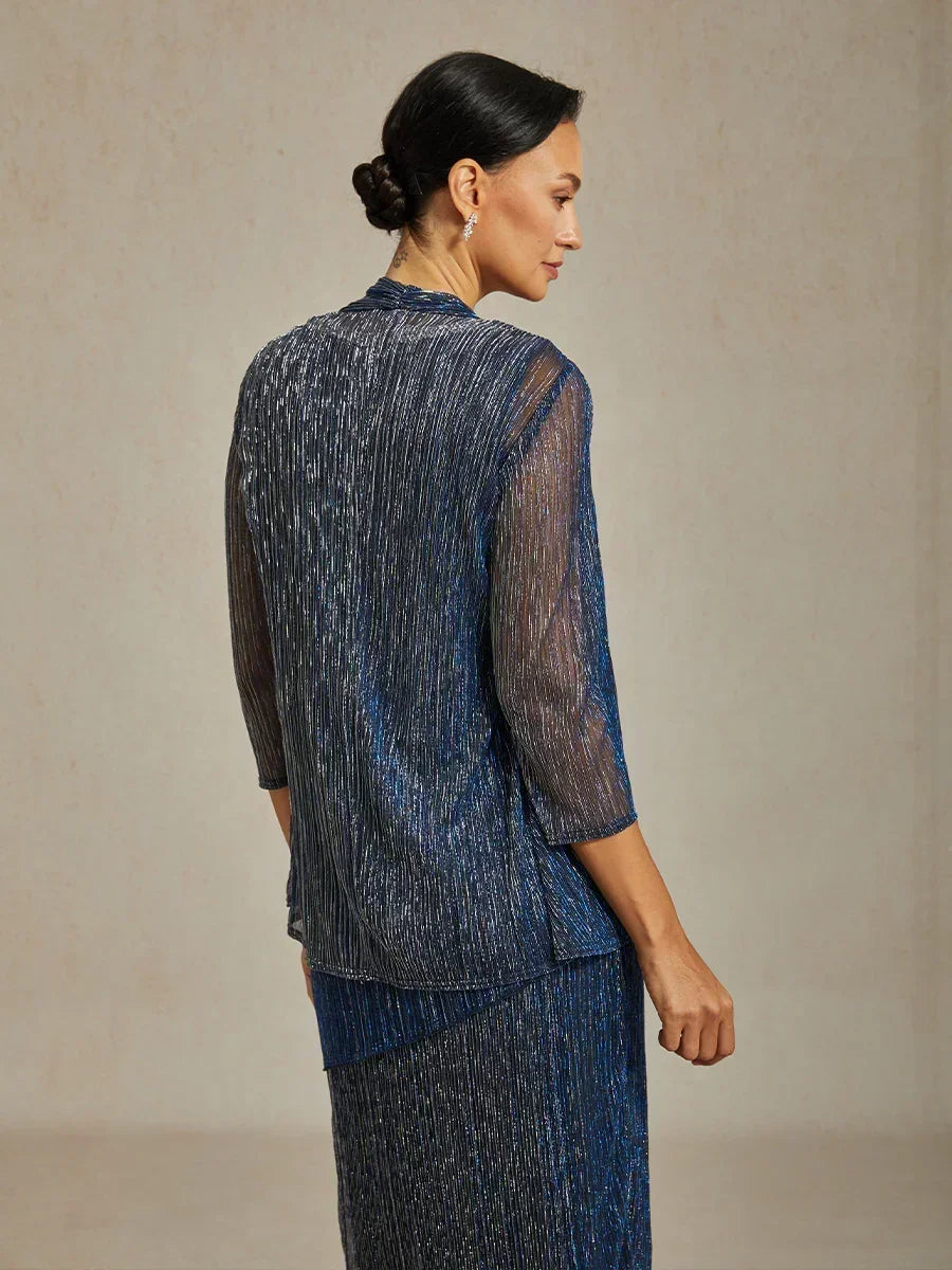 Metallic Pleated Chiffon Long Jacket with Layered Design