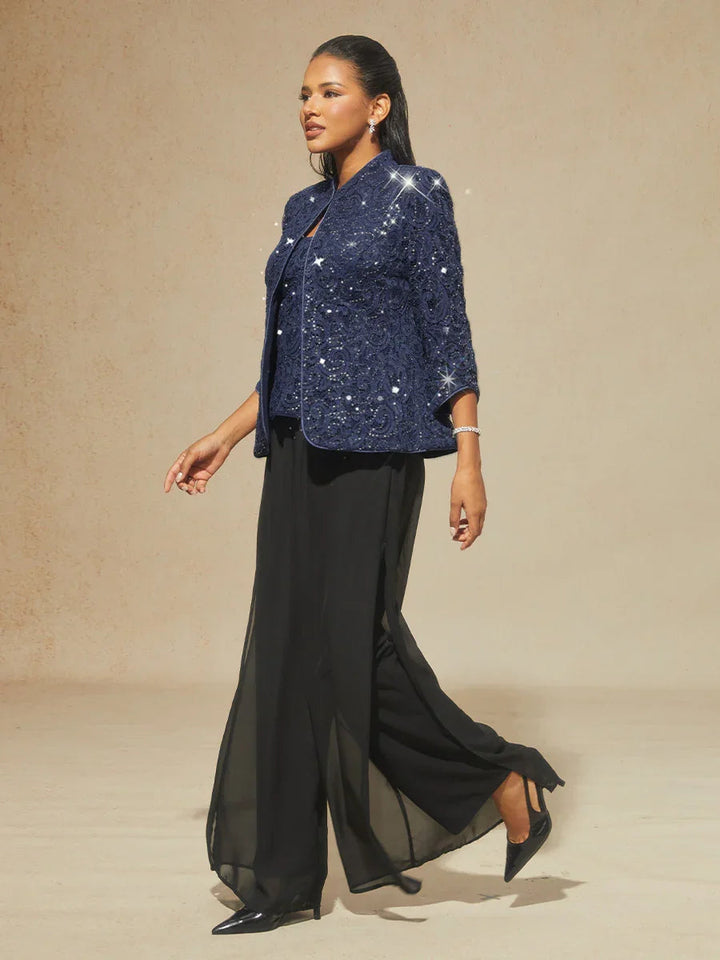 Paisley Lace Mandarin Collar Twinset with Rhinestone