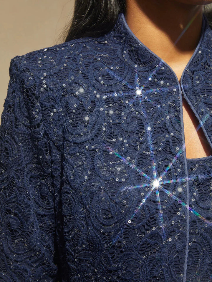 Paisley Lace Mandarin Collar Twinset with Rhinestone