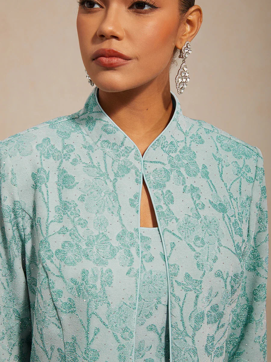 Floral Knit Jacquard Mandarin Collar Twinset