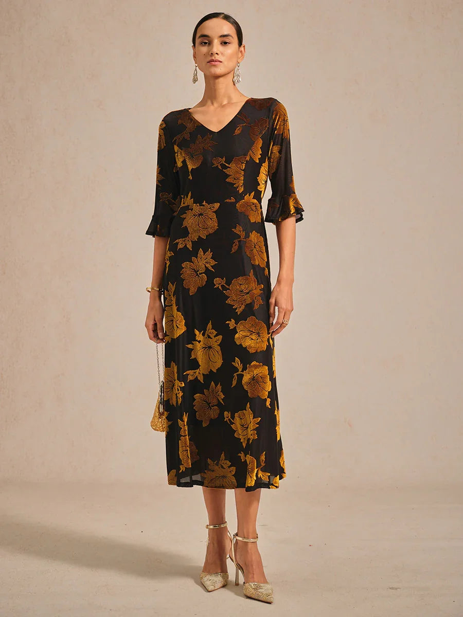 Floral A-Line Dress with Flutter Sleeves