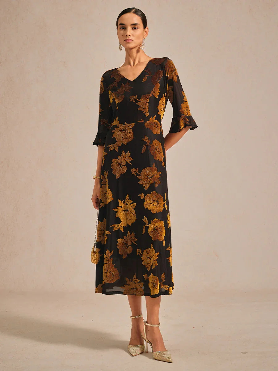 Floral A-Line Dress with Flutter Sleeves