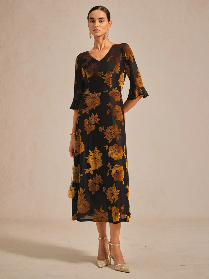 Floral A-Line Dress with Flutter Sleeves