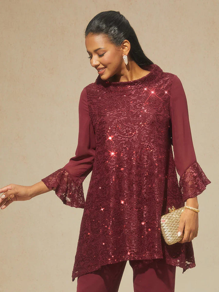 Lace Sequin Tunic Top with Ruffled Sleeves