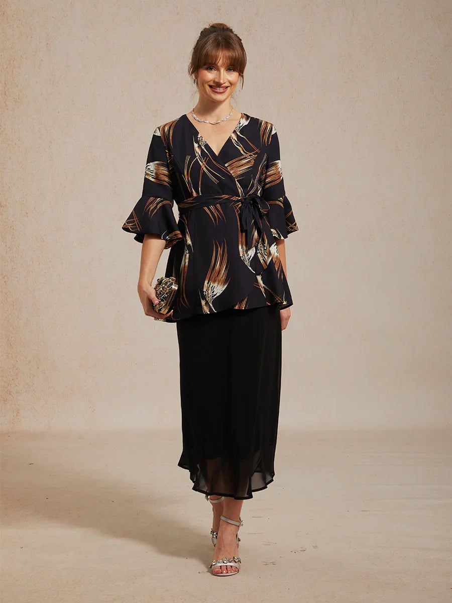 V-neck Long Tunic Blouse with Flutter Sleeves