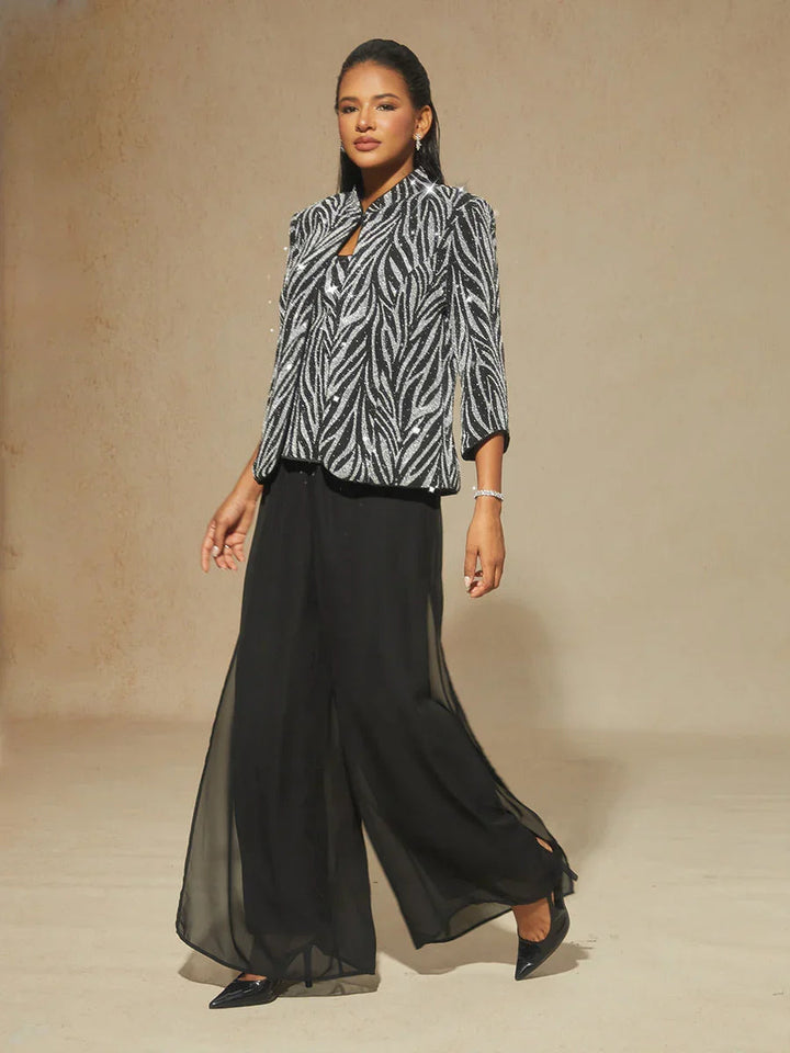 Elegant Mandarin Collar Twinset with Rhinestone-Embellished Zebra Print