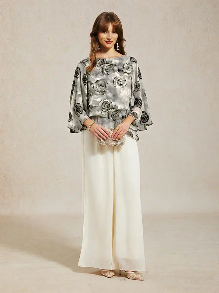 Lace Chiffon Layered Blouse with Floral Print