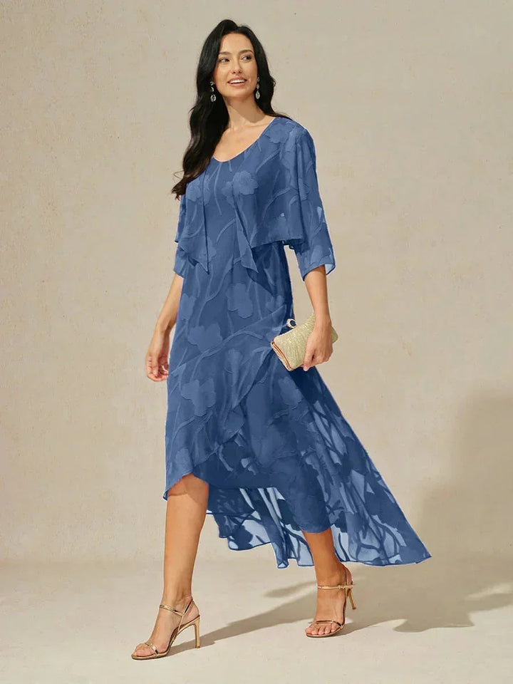 Navy Floral Chiffon Evening Gown with Asymmetrical Hem