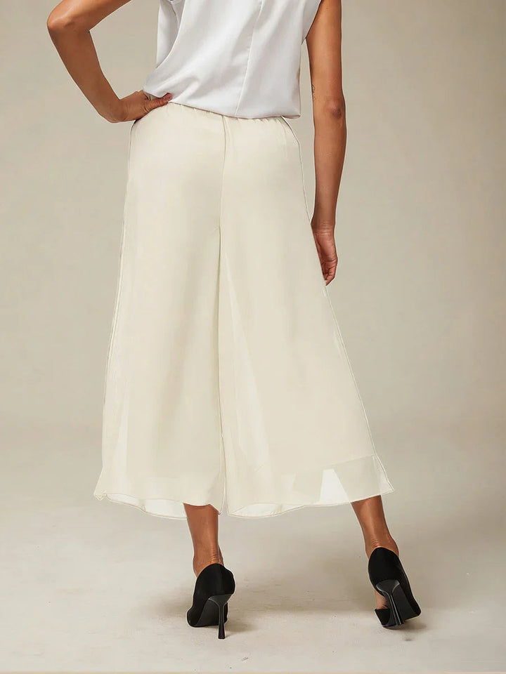 Cropped Length Straight Leg Pant With Chiffon Split Leg Overlay