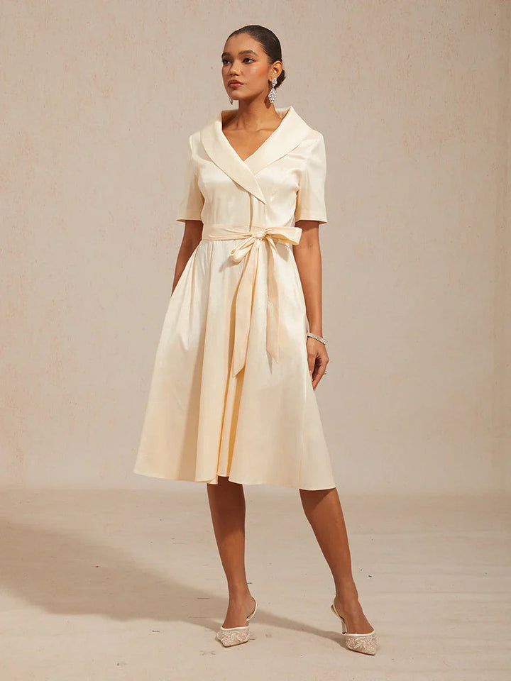 Collar Stretch Taffeta Dress with Tie Waist Belt