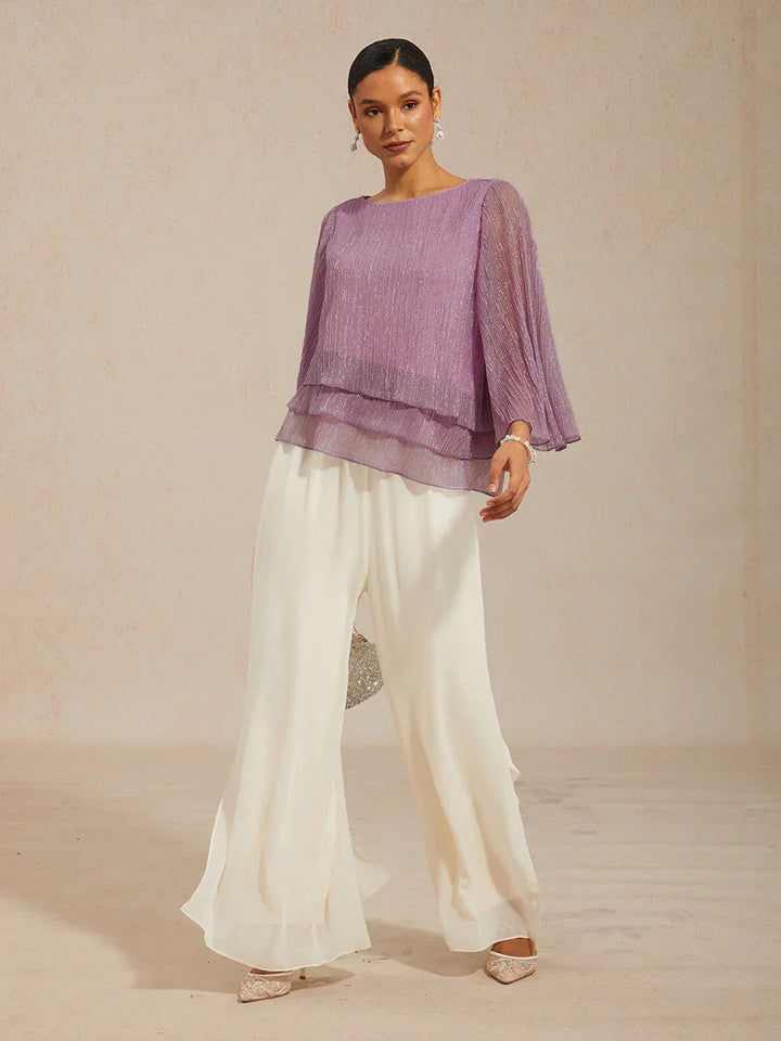 Metallic Pleated Chiffon Asymmetrical Layered Blouse