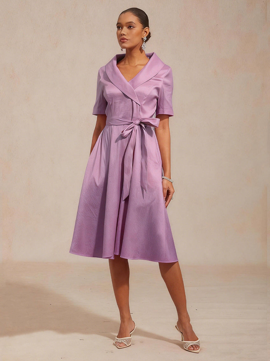 Collar Stretch Taffeta Dress with Tie Waist Belt