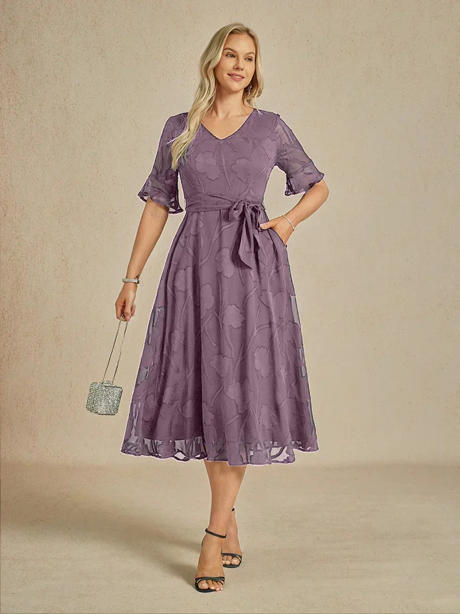 Ruffle Flutter Lace Midi Dress with Pockets