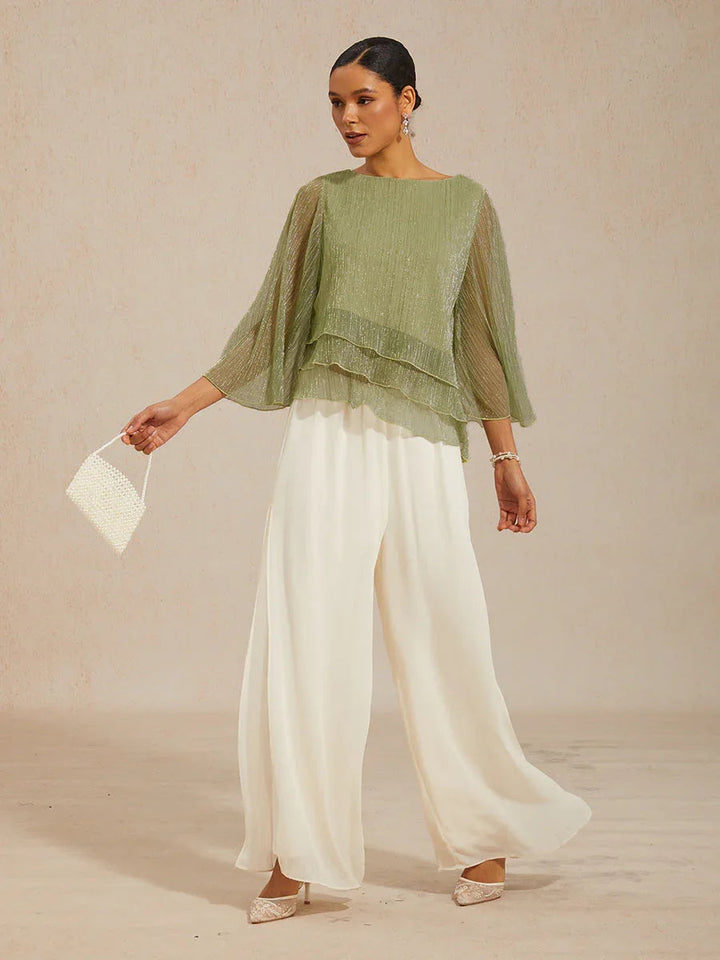 Metallic Pleated Chiffon Asymmetrical Layered Blouse
