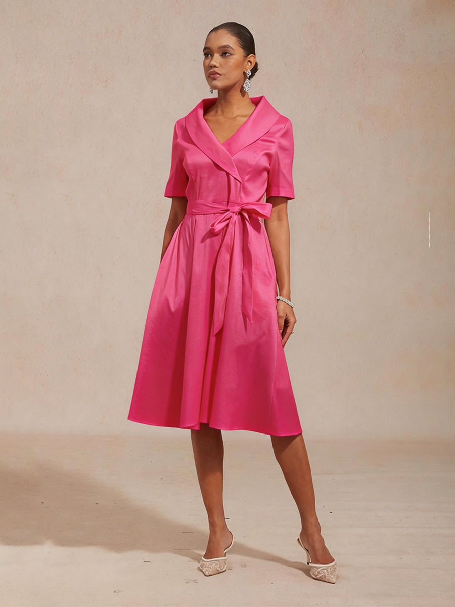 Collar Stretch Taffeta Dress with Tie Waist Belt