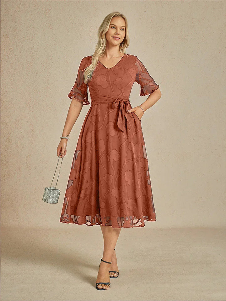 Ruffle Flutter Lace Midi Dress with Pockets