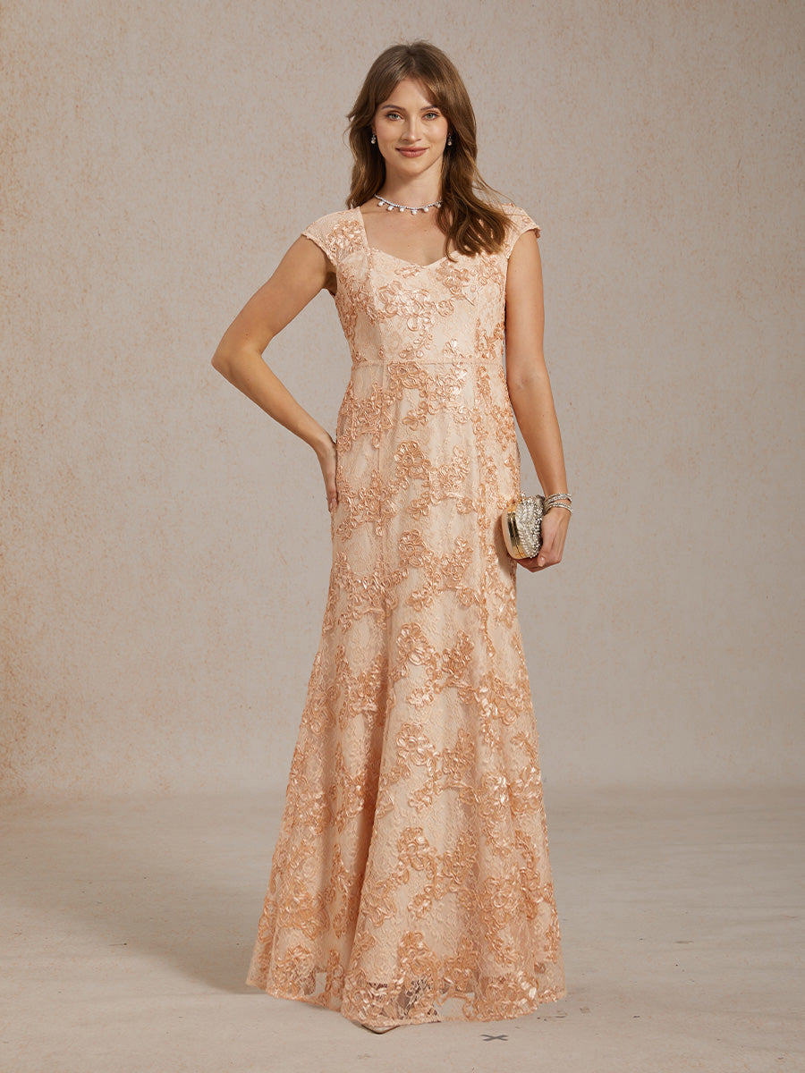 Rosette Lace Cap Sleeve V-neck Mermaid Gown