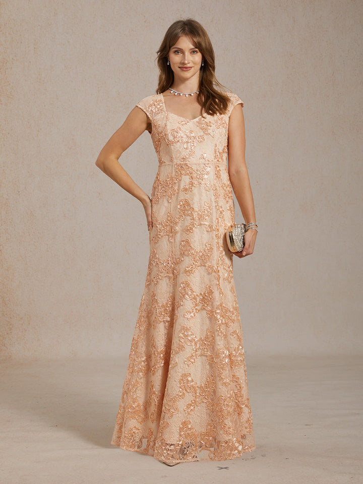 Rosette Lace Cap Sleeve V-neck Mermaid Gown