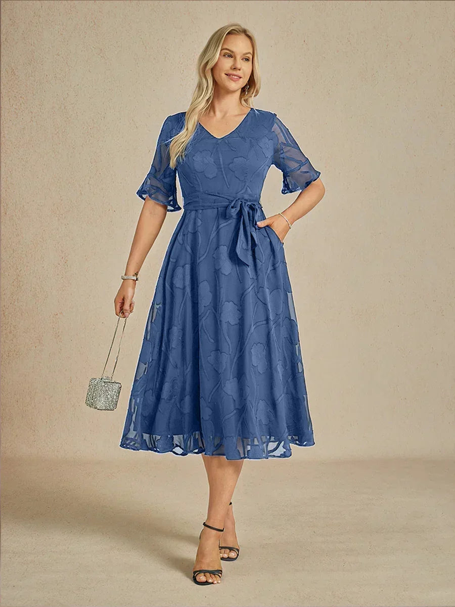 Ruffle Flutter Lace Midi Dress with Pockets