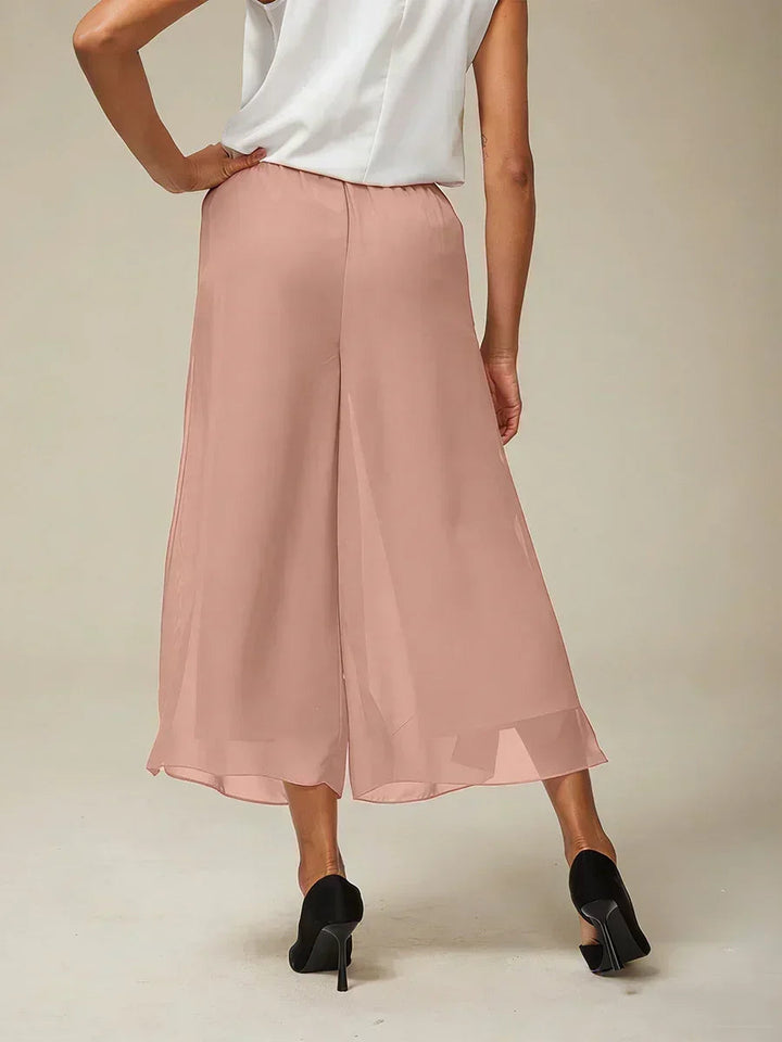 Cropped Length Straight Leg Pant With Chiffon Split Leg Overlay