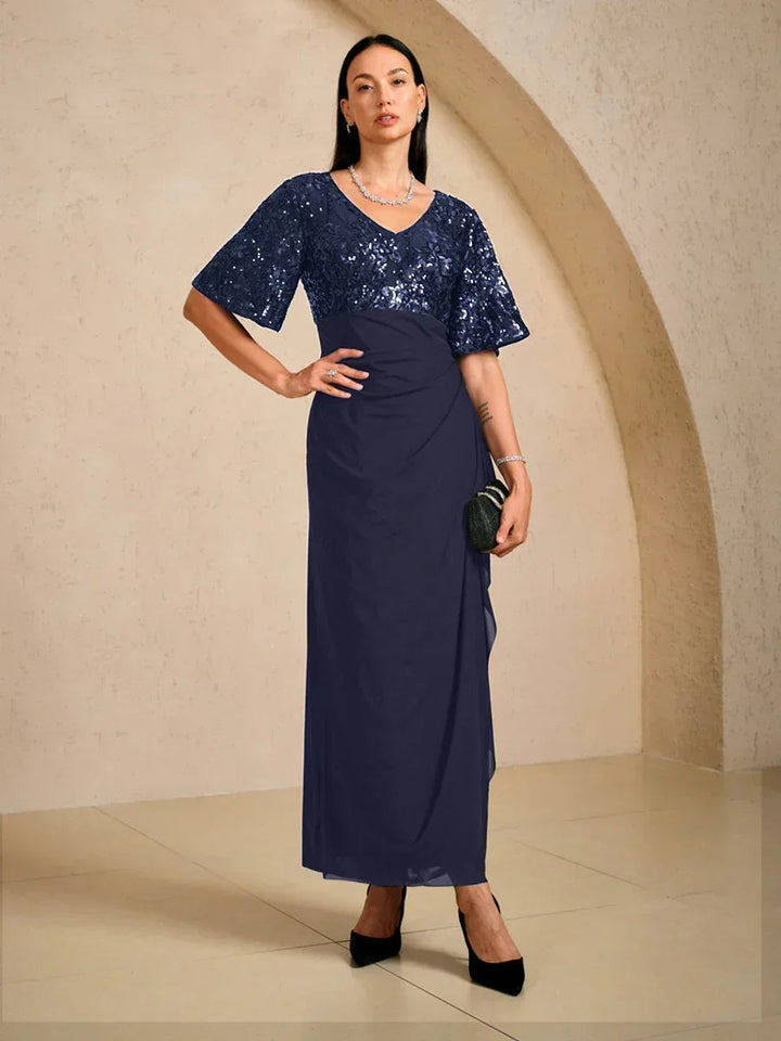Embroidered Sequin Empire Waist Gown with Flutter Sleeves