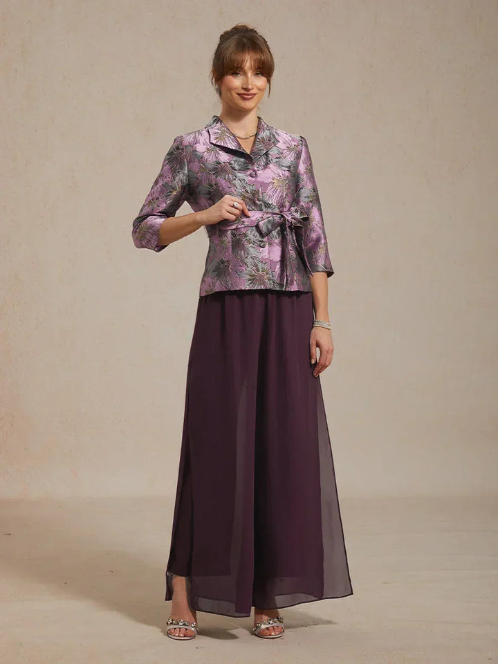 3/4 Sleeve Floral Jacquard Blouse with Tie Waist