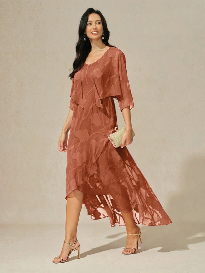 Navy Floral Chiffon Evening Gown with Asymmetrical Hem