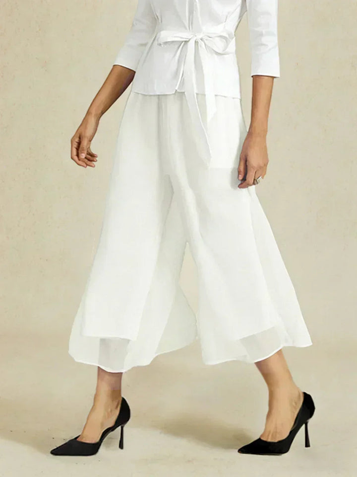 Cropped Length Straight Leg Pant With Chiffon Split Leg Overlay