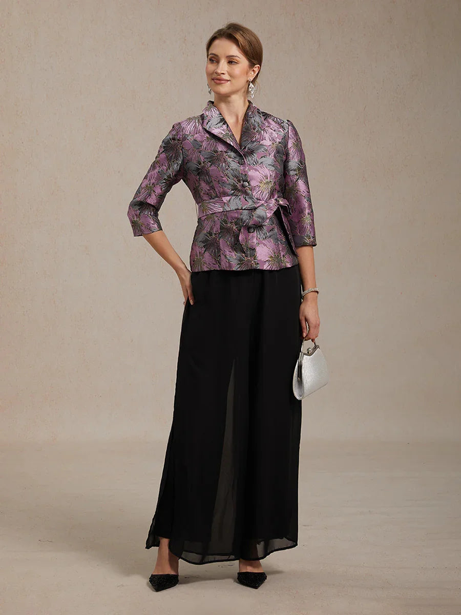 3/4 Sleeve Floral Jacquard Blouse with Tie Waist