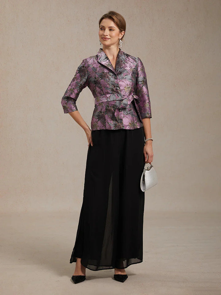 3/4 Sleeve Floral Jacquard Blouse with Tie Waist
