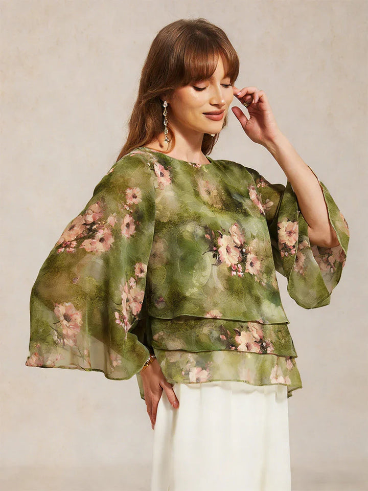 Lace Chiffon Layered Blouse with Floral Print