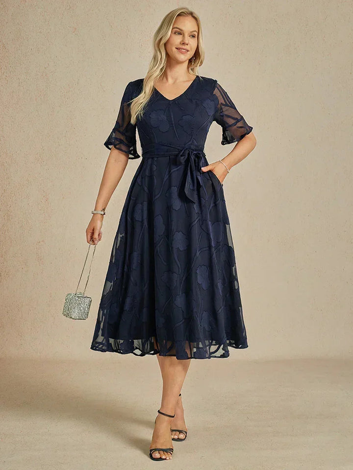 Ruffle Flutter Lace Midi Dress with Pockets