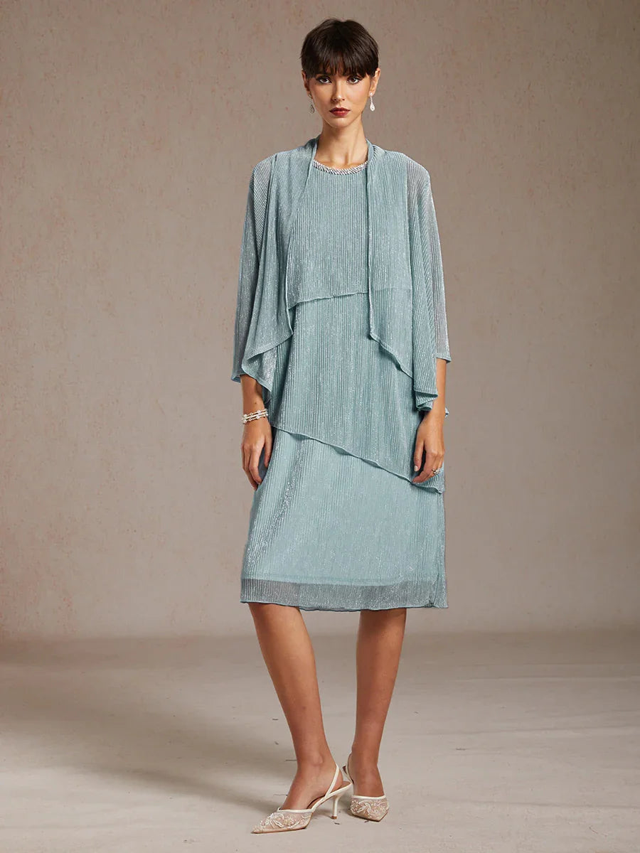 Metallic Pleated Chiffon Midi Dress with Beaded Round Neck