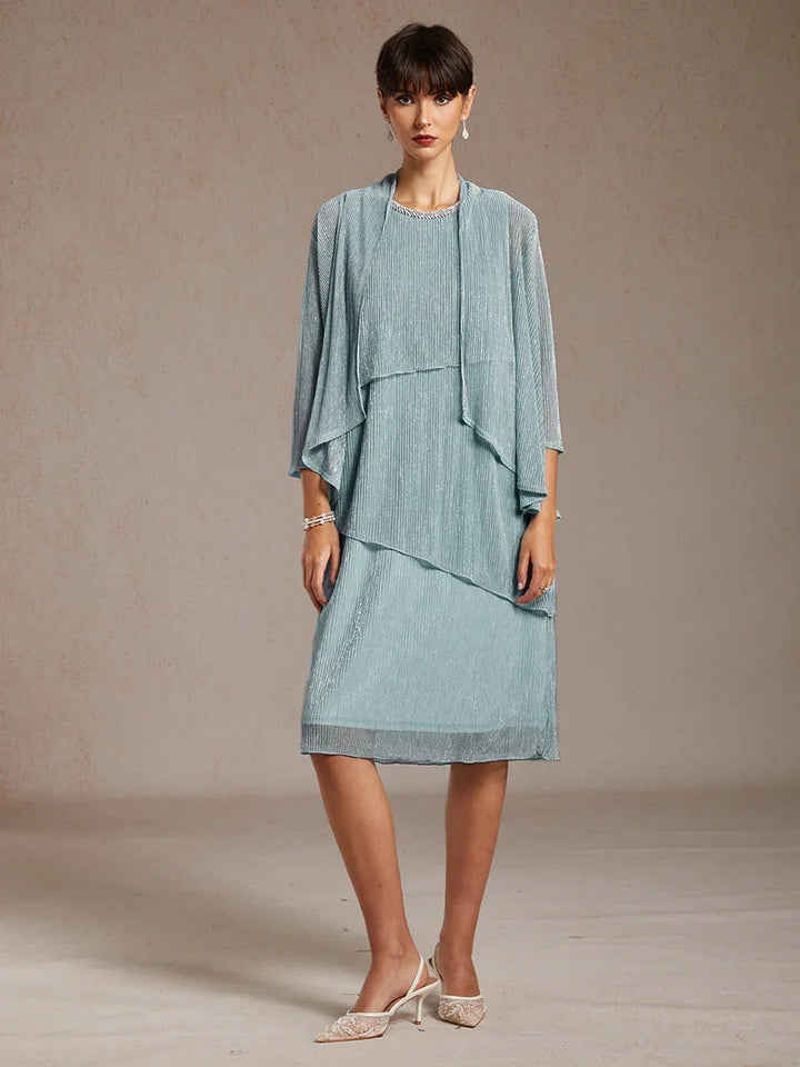 Metallic Pleated Chiffon Midi Dress with Beaded Round Neck