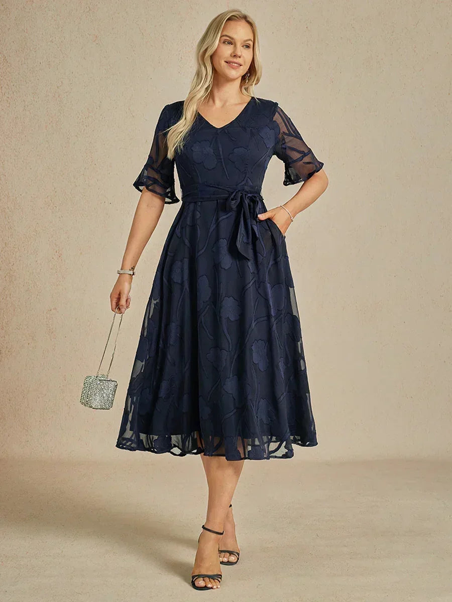 Ruffle Flutter Lace Midi Dress with Pockets