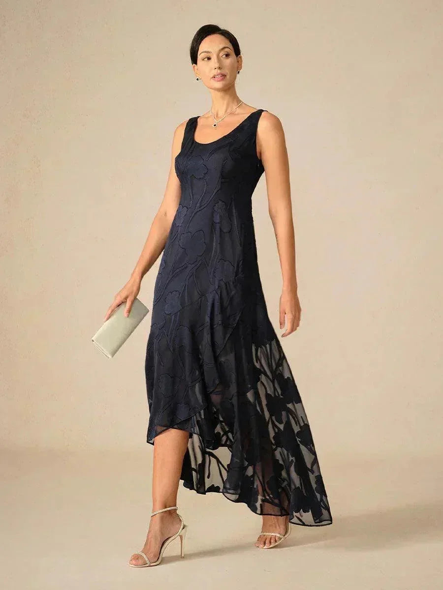Navy Floral Chiffon Evening Gown with Asymmetrical Hem