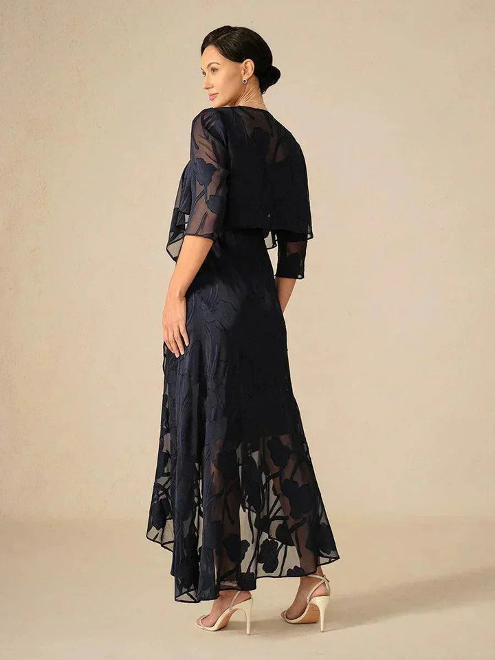 Navy Floral Chiffon Evening Gown with Asymmetrical Hem