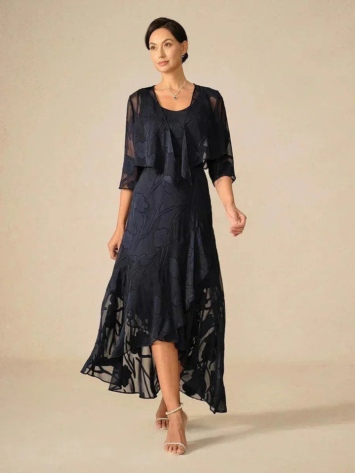 Navy Floral Chiffon Evening Gown with Asymmetrical Hem