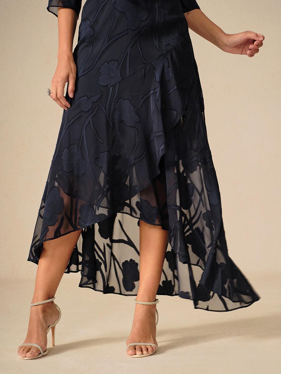 Navy Floral Chiffon Evening Gown with Asymmetrical Hem