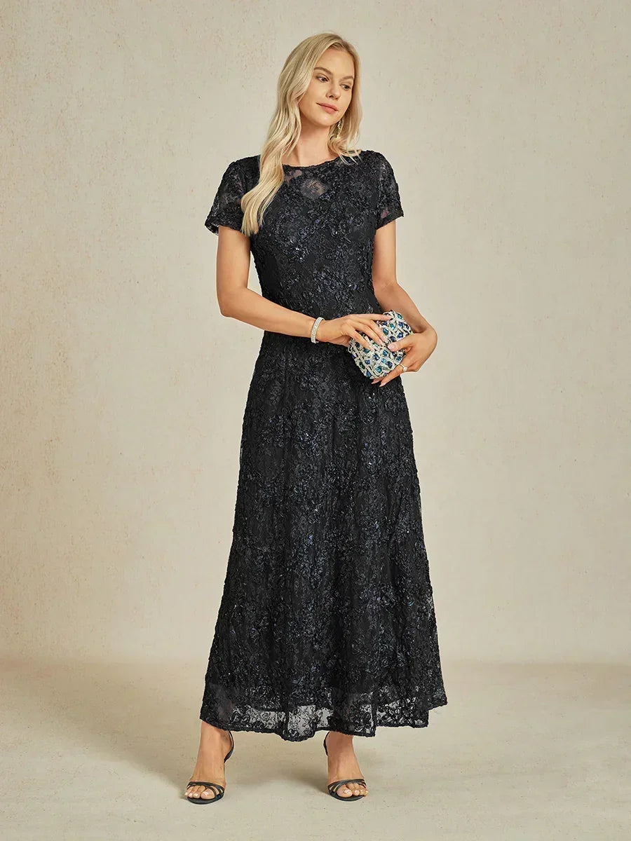 Rosette Lace A-Line Gown with Sequin Embellishment