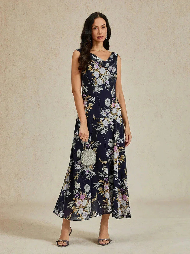 Floral Cowl Neck Tea-Length Dress with Flounce Hem