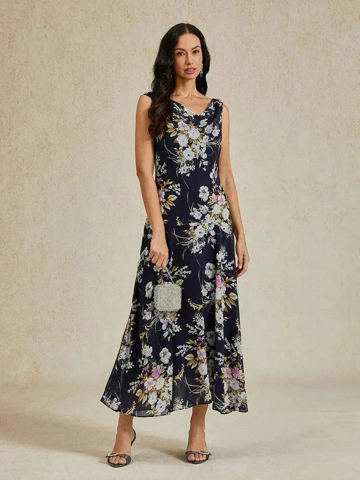 Floral Cowl Neck Tea-Length Dress with Flounce Hem